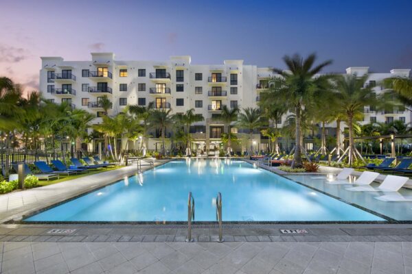 Pool area with lounge chairs and tall palm trees.