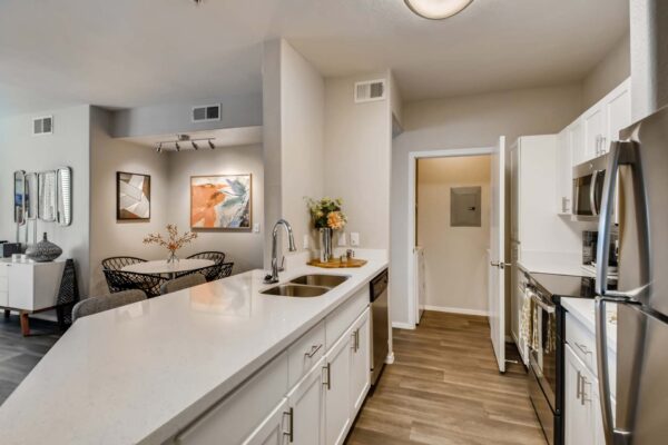 Mandarina apartment kitchen with wood style floor, white cabinets and counters, and laundry room door.