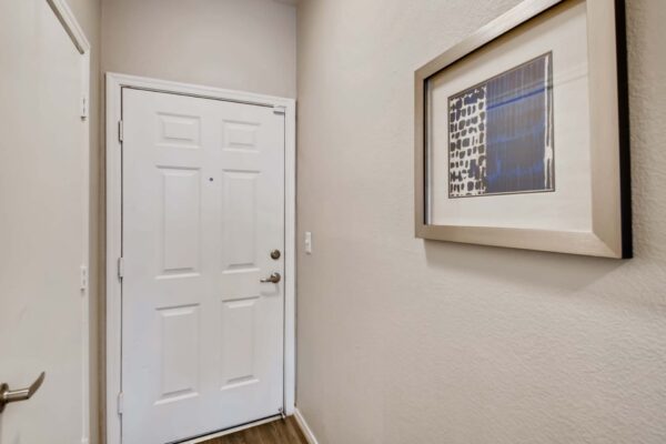Mandarina apartment foyer with entry door and framed artwork.