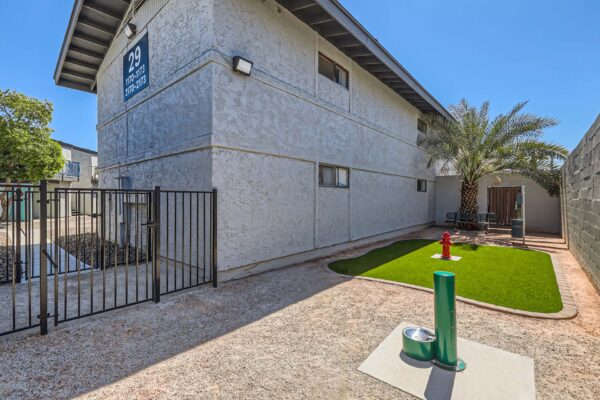 Omnia on Thomas apartments dog park with fire hydrant, water bowl, and artificial turf lawn.
