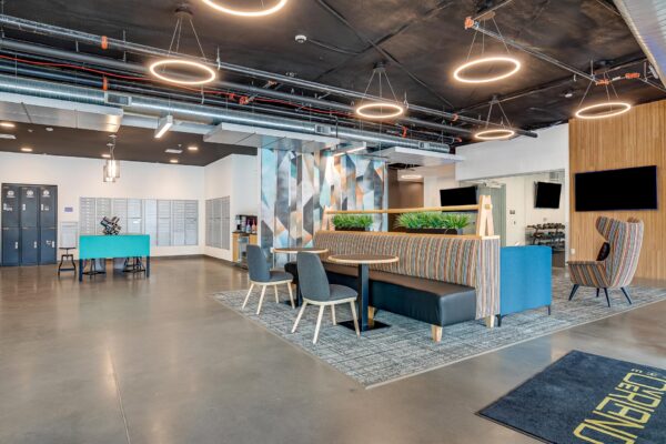 The Overland apartment lounge with plush seating and industrial styling.