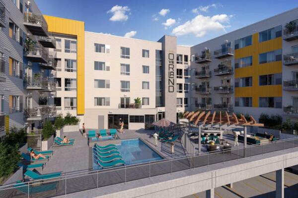 The Overland apartment rendering with pool deck.