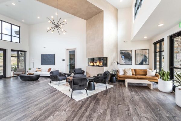 The Preserve at Mesa Creek clubhouse with plush seating and fire pit.