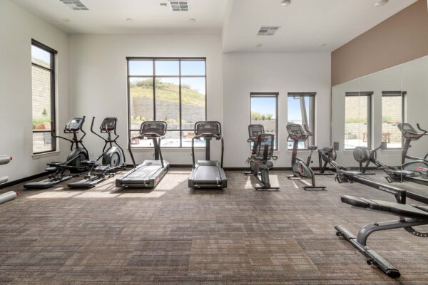 The Preserve at Mesa Creek fitness center with cardio machines and weight equipment.