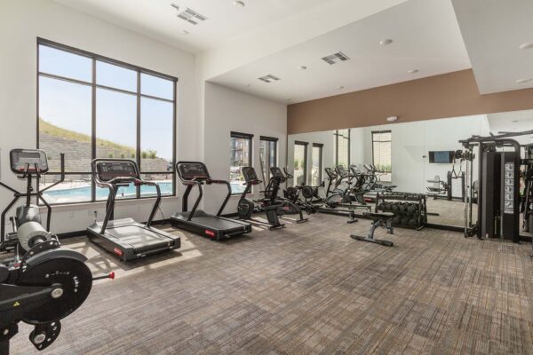 The Preserve at Mesa Creek fitness center with cardio machines and weight equipment.