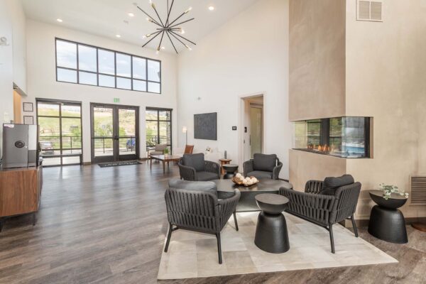 The Preserve at Mesa Creek clubhouse with plush seating and fire pit.