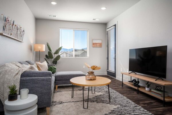 The Flats at Aero Park apartment living room with pattern rug, plush couch, console with TV, and large window.