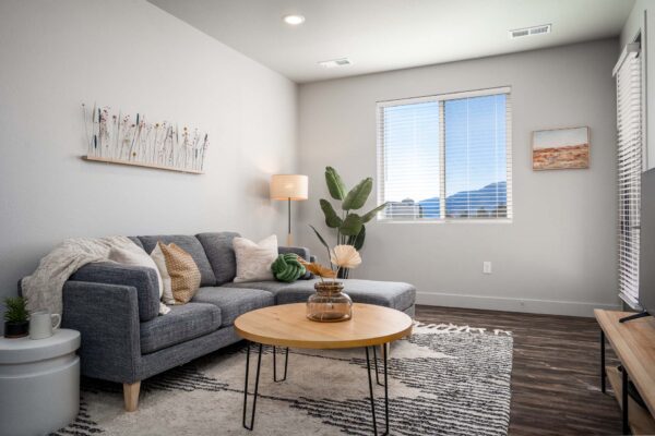 The Flats at Aero Park apartment living room with wood style floor, pattern rug, plush couch, and large window.