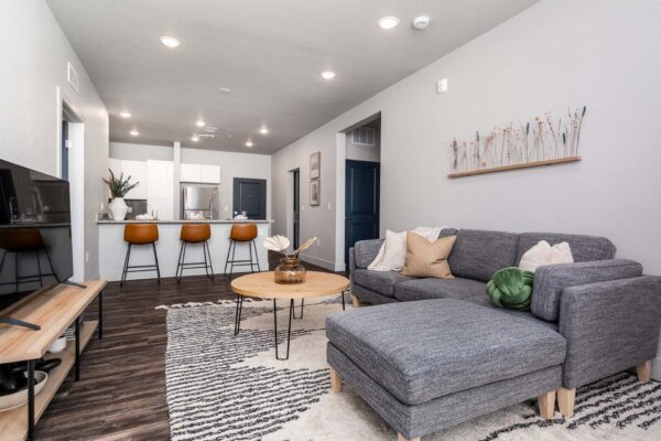 The Flats at Aero Park apartment living area with plush couch, console with TV, and modern kitchen.