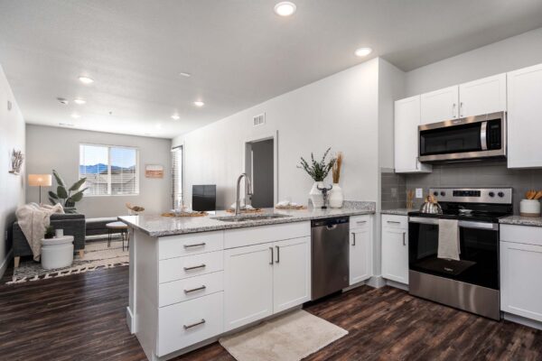 The Flats at Aero Park apartment kitchen with wood style floor, white cabinets, stone counters, and stainless steel appliances.