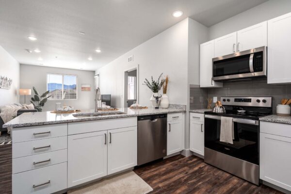 The Flats at Aero Park apartment kitchen with wood style floor, white cabinets, stone counters, and stainless steel appliances.