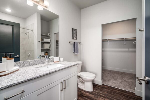 The Flats at Aero Park apartment bathroom with wood style floor, white cabinets, stone counters, and large mirror.