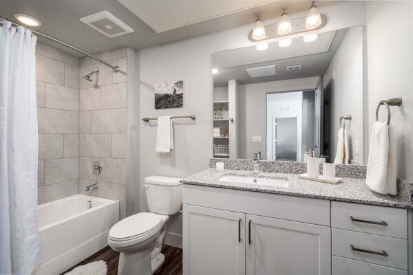 The Flats at Aero Park apartment bathroom with wood style floor, white cabinets, stone counters, and large mirror.