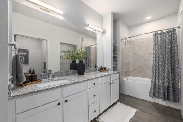 The Preserve at Mesa Creek apartment bathroom with wood style floor, white cabinets, stone counters, and tiled shower tub.