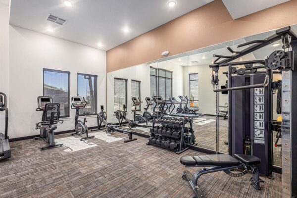 The Preserve at Mesa Creek fitness center with cardio machines and weight equipment.