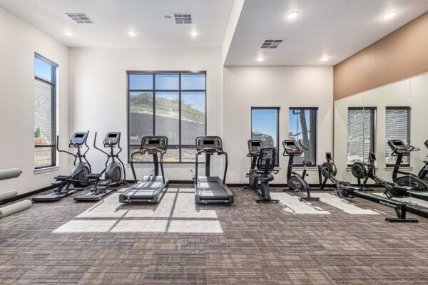 The Preserve at Mesa Creek fitness center with cardio machines and weight equipment.