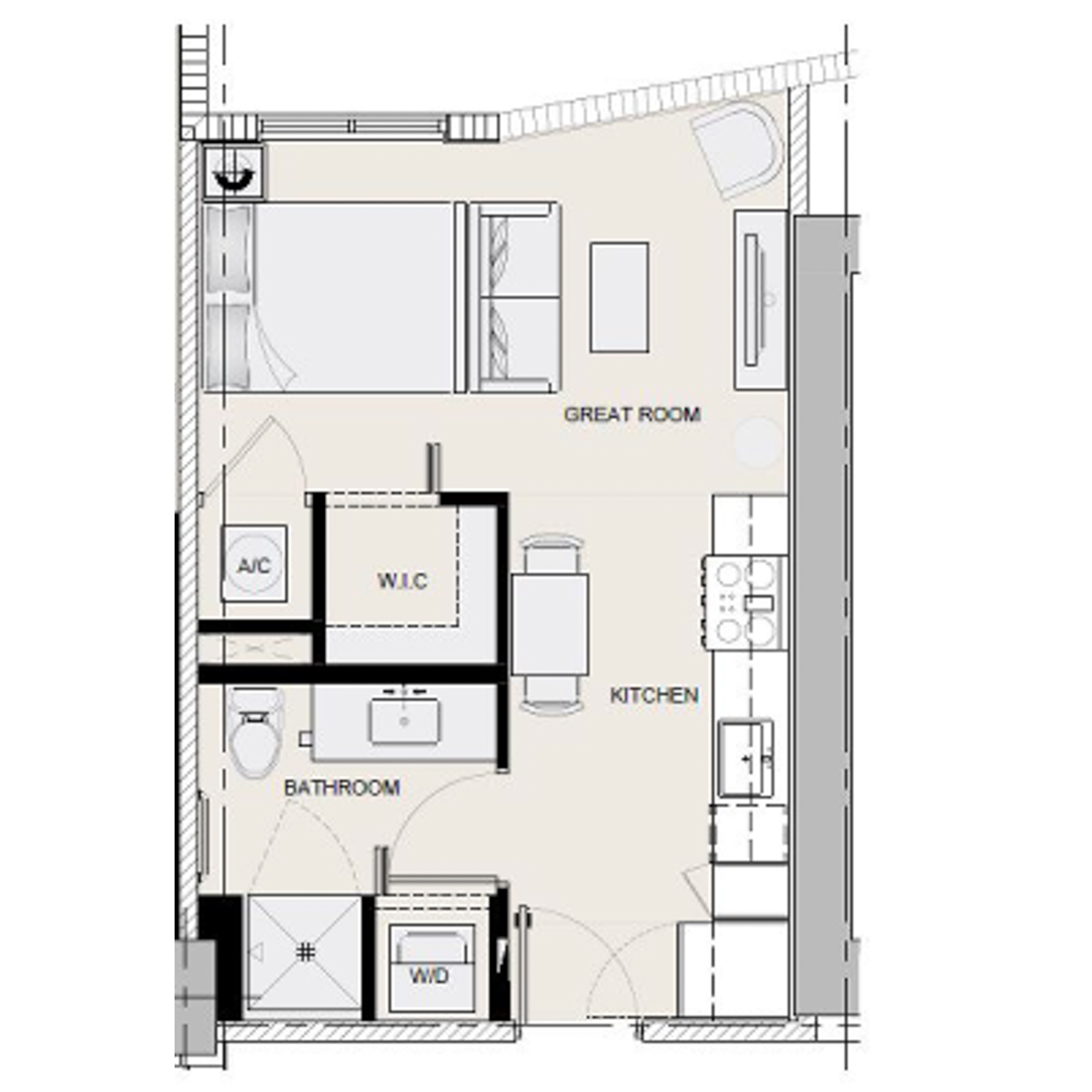 Rendering of the S4 floor plan with a Studio bedroom and 1 bathroom[s] at Arte Grand Central