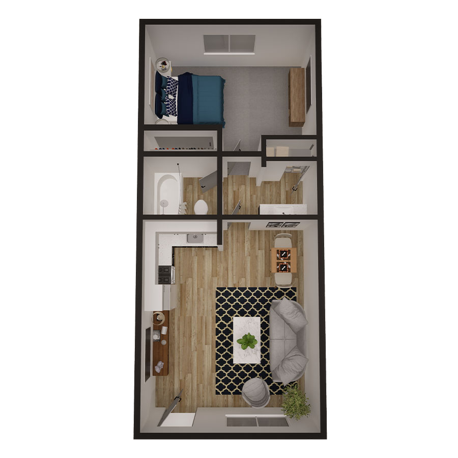 Rendering of the Roosevelt floor plan with 1 bedroom[s] and 1 bathroom[s] at Omnia on Thomas