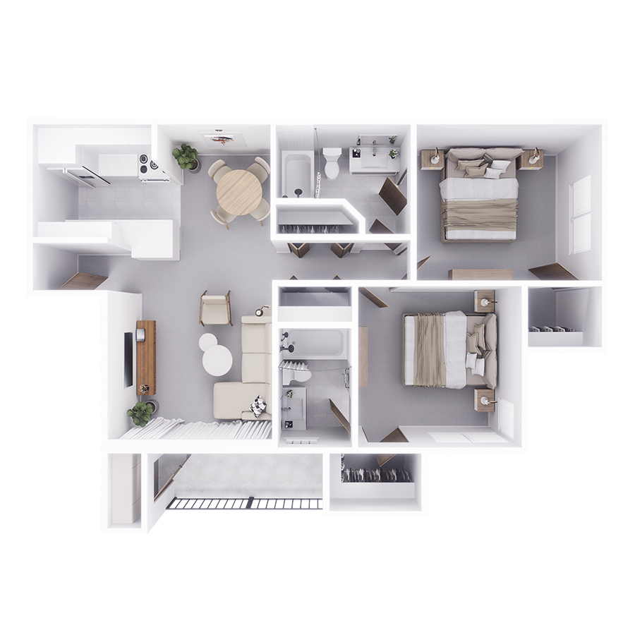 Rendering of the 2 floor plan with 2 bedroom[s] and 2 bathroom[s] at Mountain Village
