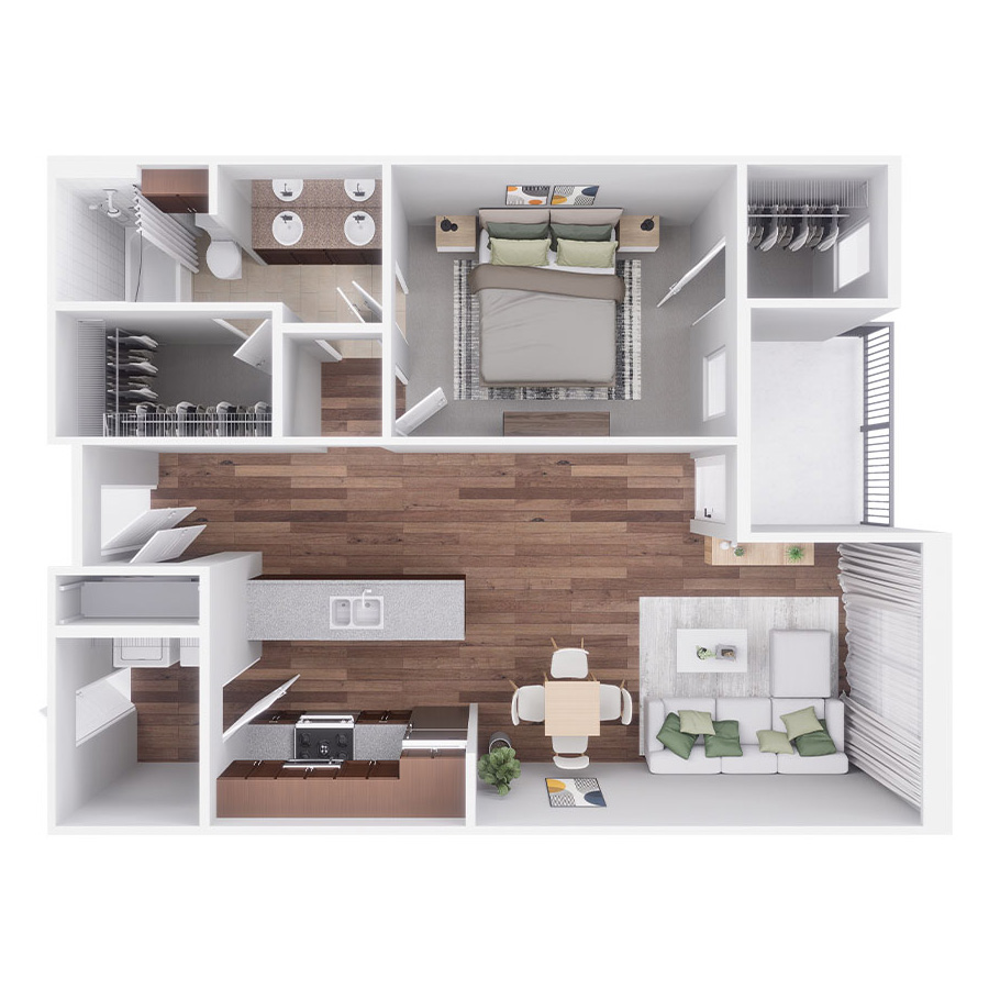 Rendering of the D floor plan with 1 bedroom[s] and 1 bathroom[s] at Village at Mission Farms