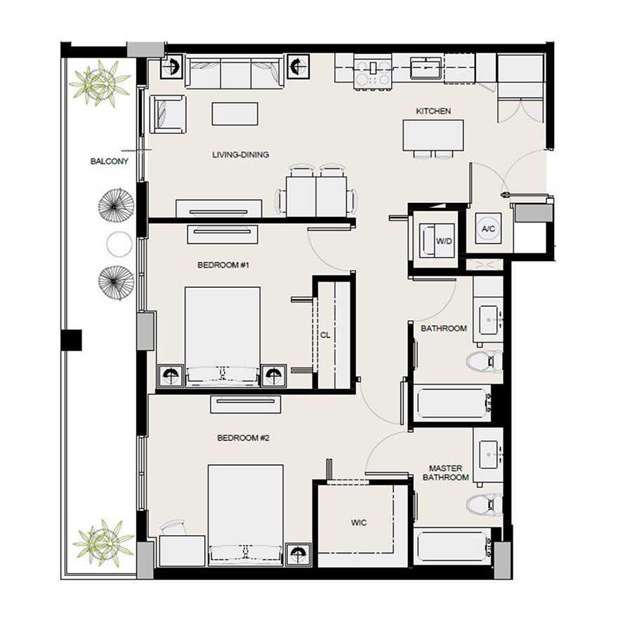Rendering of the B7 floor plan with 2 bedroom[s] and 2 bathroom[s] at Arte Grand Central