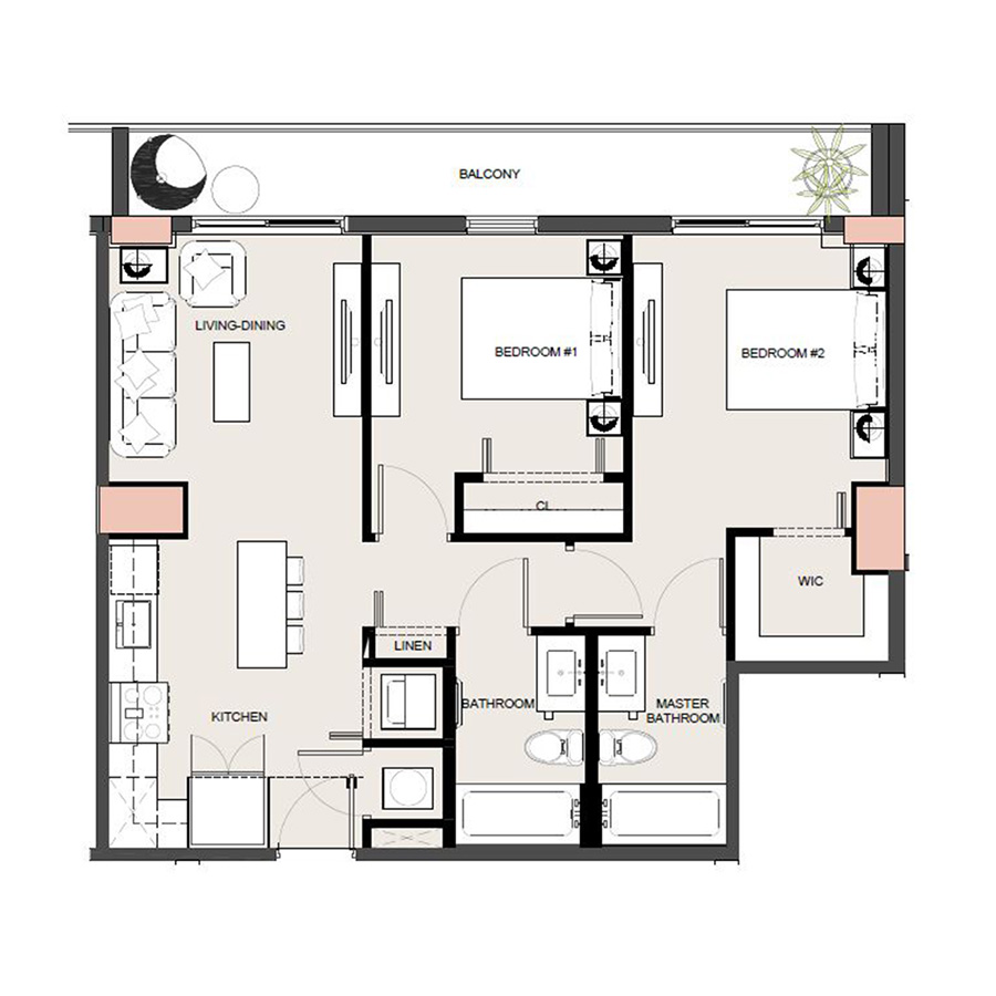 Rendering of the B4 floor plan with 2 bedroom[s] and 2 bathroom[s] at Arte Grand Central