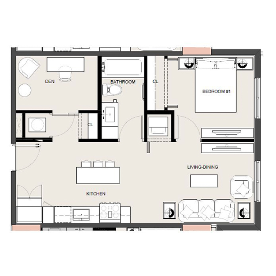 Rendering of the A13D floor plan with 1 bedroom[s] and 1 bathroom[s] at Arte Grand Central