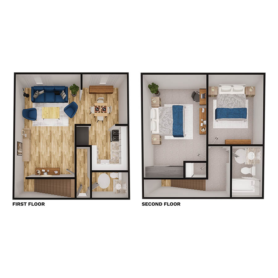 Rendering of the Apex floor plan with 2 bedroom[s] and 1.5 bathroom[s] at Sunset Peak