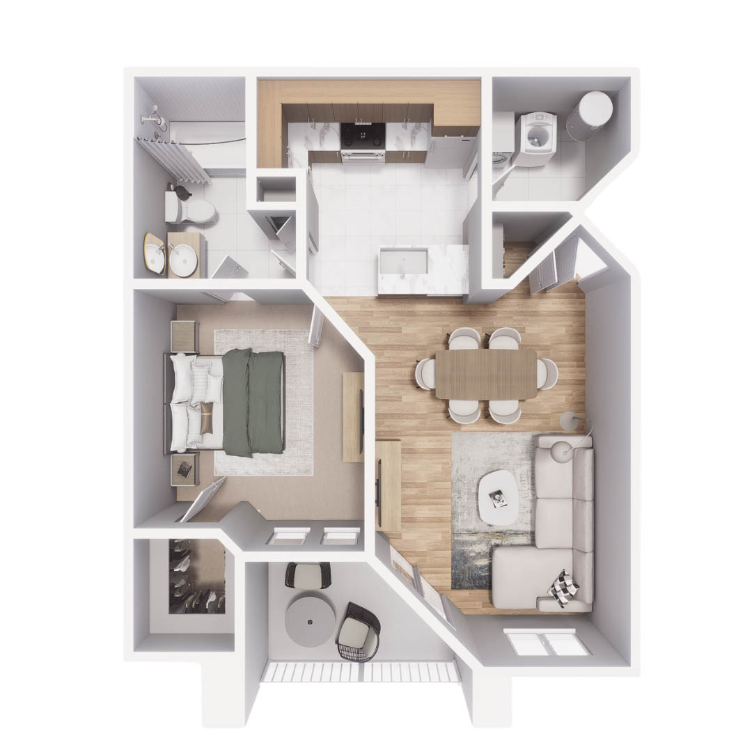 Rendering of the A1 floor plan with 1 bedroom[s] and 1 bathroom[s] at Mandarina