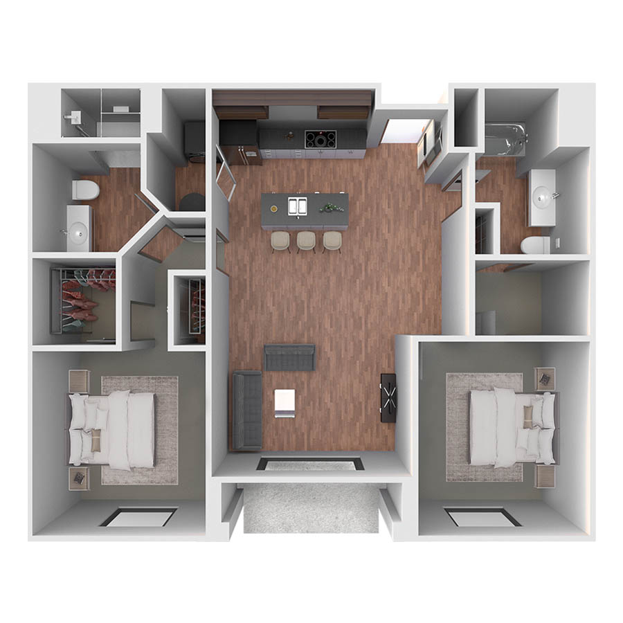 Rendering of the Foothills floor plan with 2 bedroom[s] and 2 bathroom[s] at Centre Court