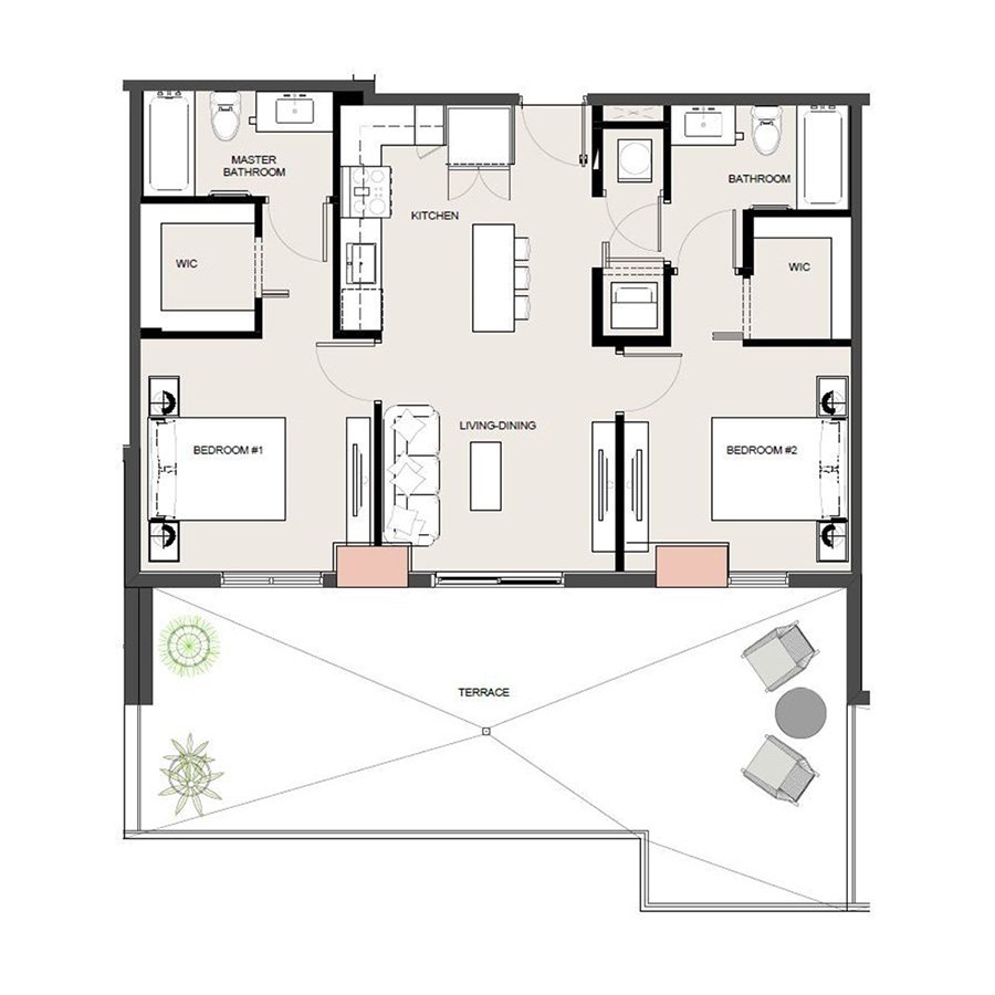 Rendering of the B6 floor plan with 2 bedroom[s] and 2 bathroom[s] at Arte Grand Central
