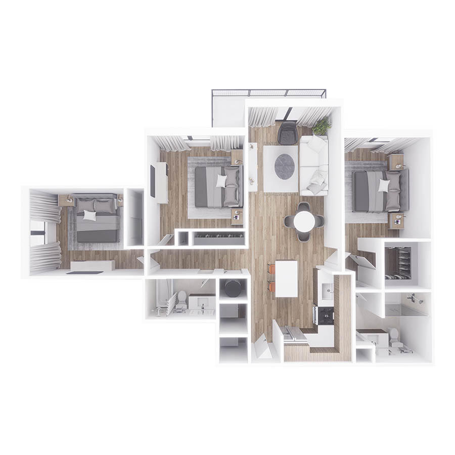 Rendering of the C1 floor plan with 3 bedroom[s] and 2 bathroom[s] at Sanctuary Doral