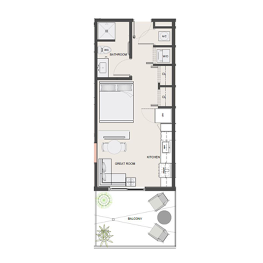 Rendering of the S6 floor plan with a Studio bedroom and 1 bathroom[s] at Arte Grand Central