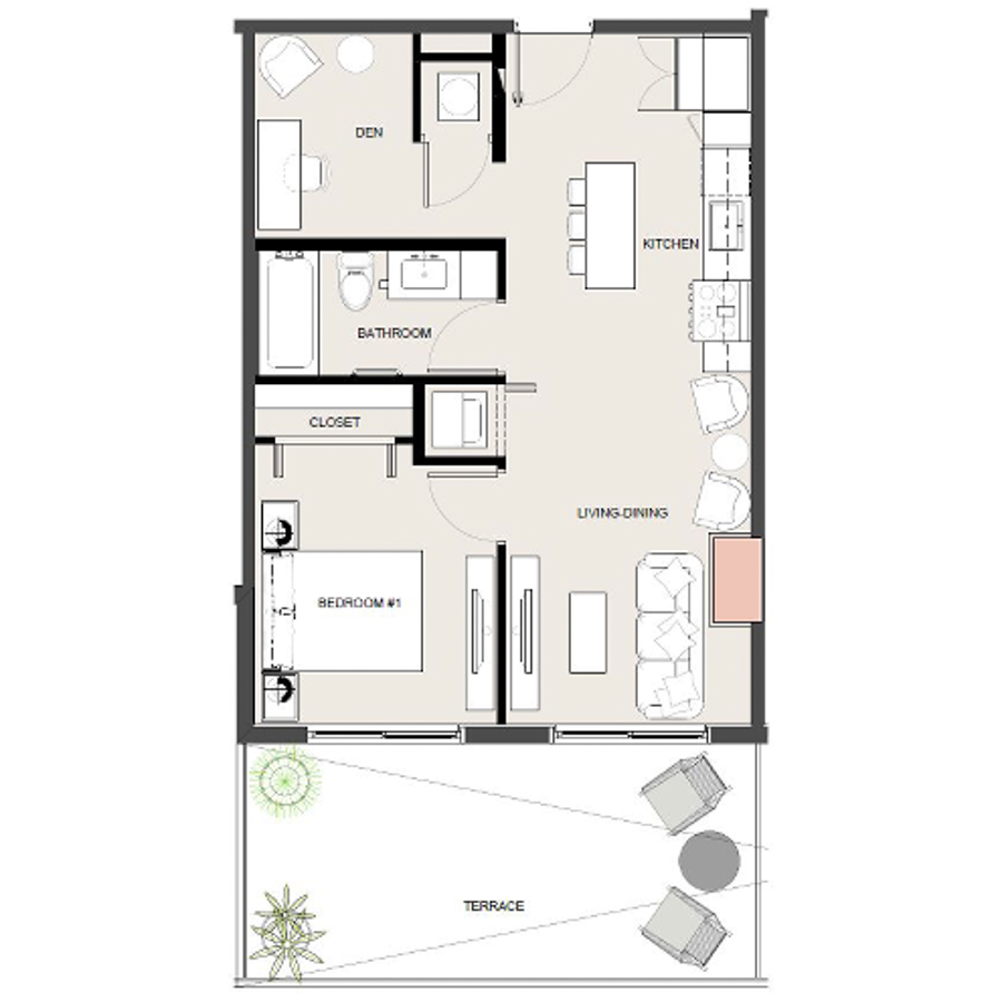 Rendering of the A12D floor plan with 1 bedroom[s] and 1 bathroom[s] at Arte Grand Central
