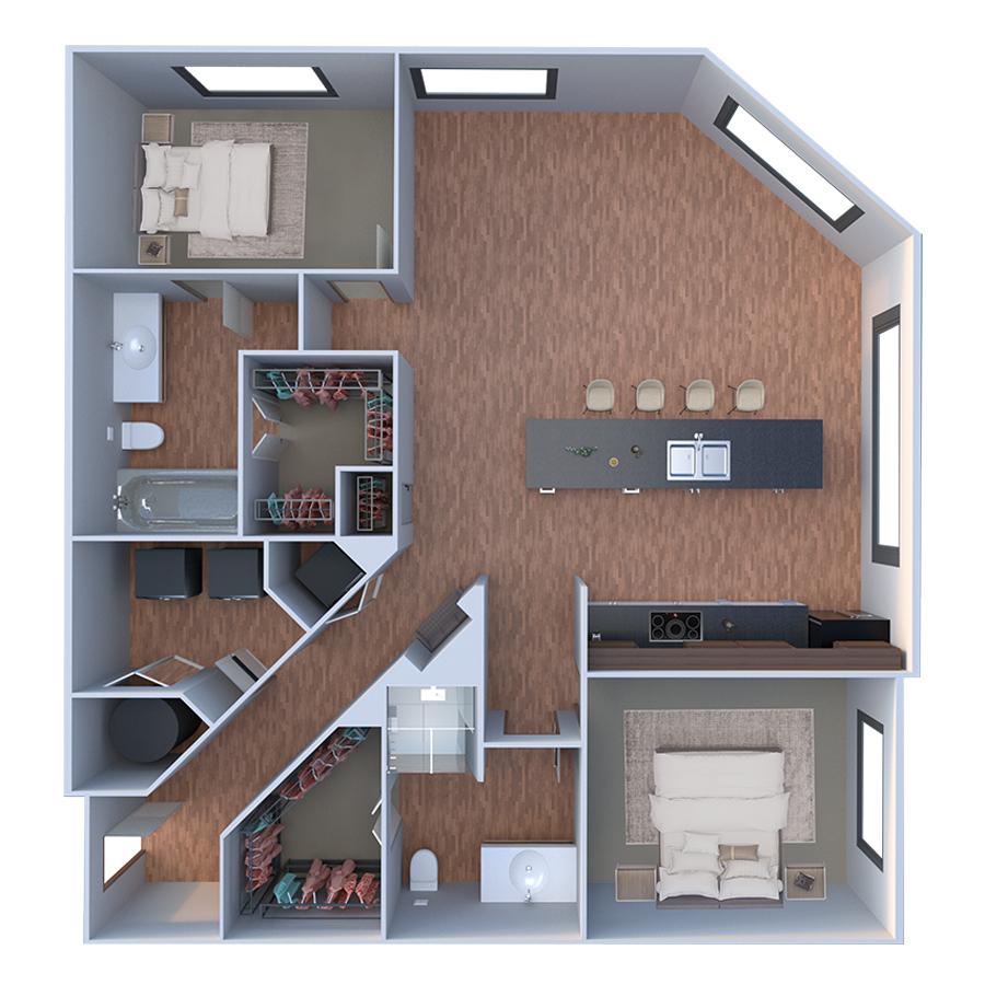 Rendering of the B Sette floor plan with 2 bedroom[s] and 2 bathroom[s] at Forum Fitzsimons