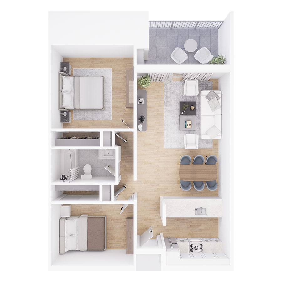 Rendering of the B1 floor plan with 2 bedroom[s] and 1 bathroom[s] at Tempe Vista
