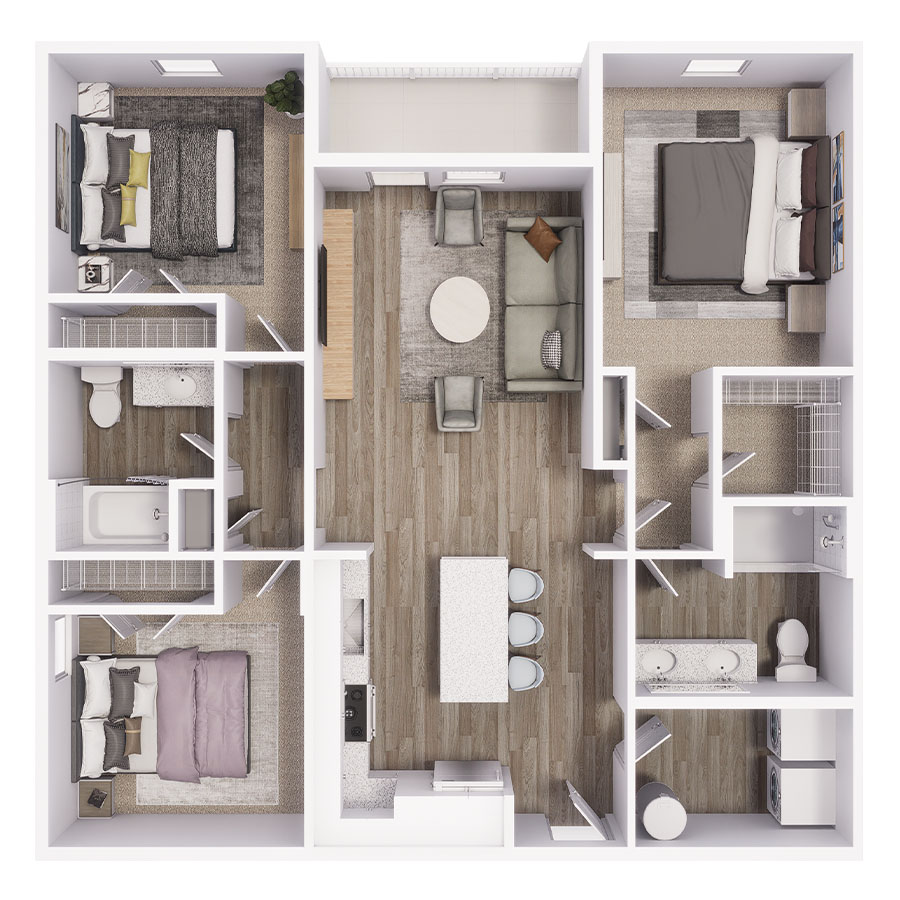 Rendering of the C1 floor plan with 3 bedroom[s] and 2 bathroom[s] at Avery Orlando