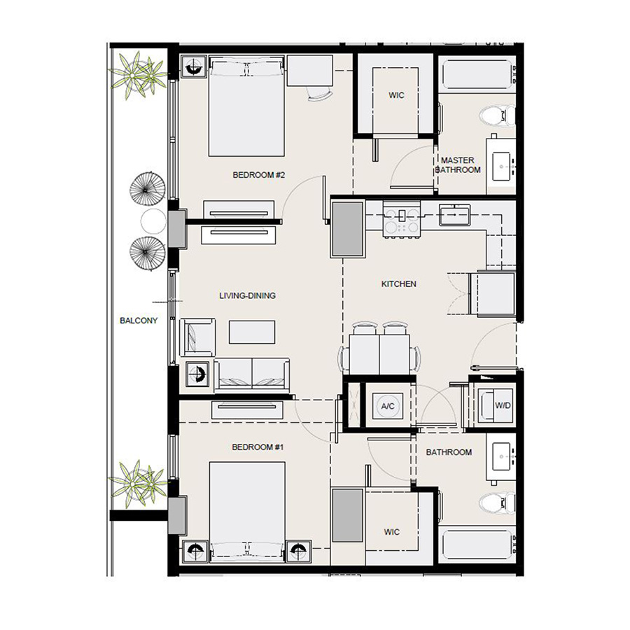 Rendering of the B3 floor plan with 2 bedroom[s] and 2 bathroom[s] at Arte Grand Central