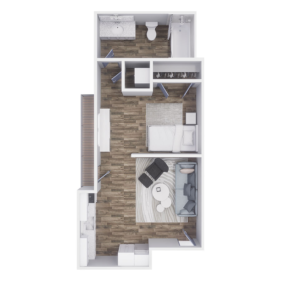 Rendering of the S1 floor plan with a Studio bedroom and 1 bathroom[s] at 532 CO