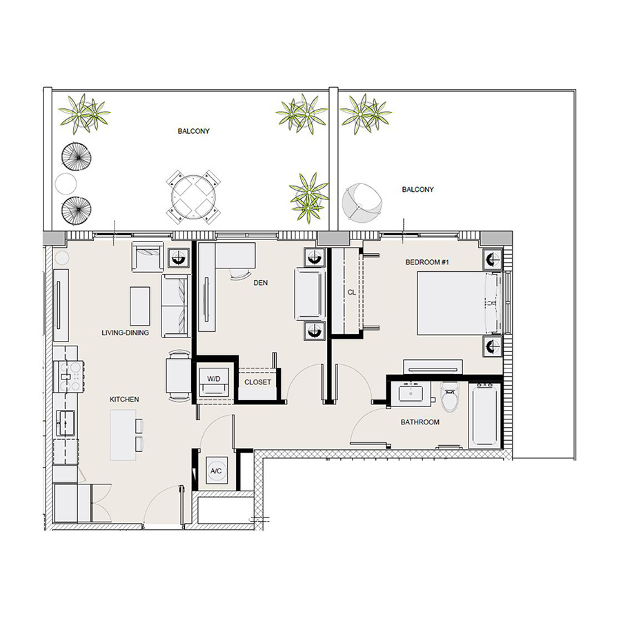 Rendering of the BA2 floor plan with 2 bedroom[s] and 1 bathroom[s] at Arte Grand Central