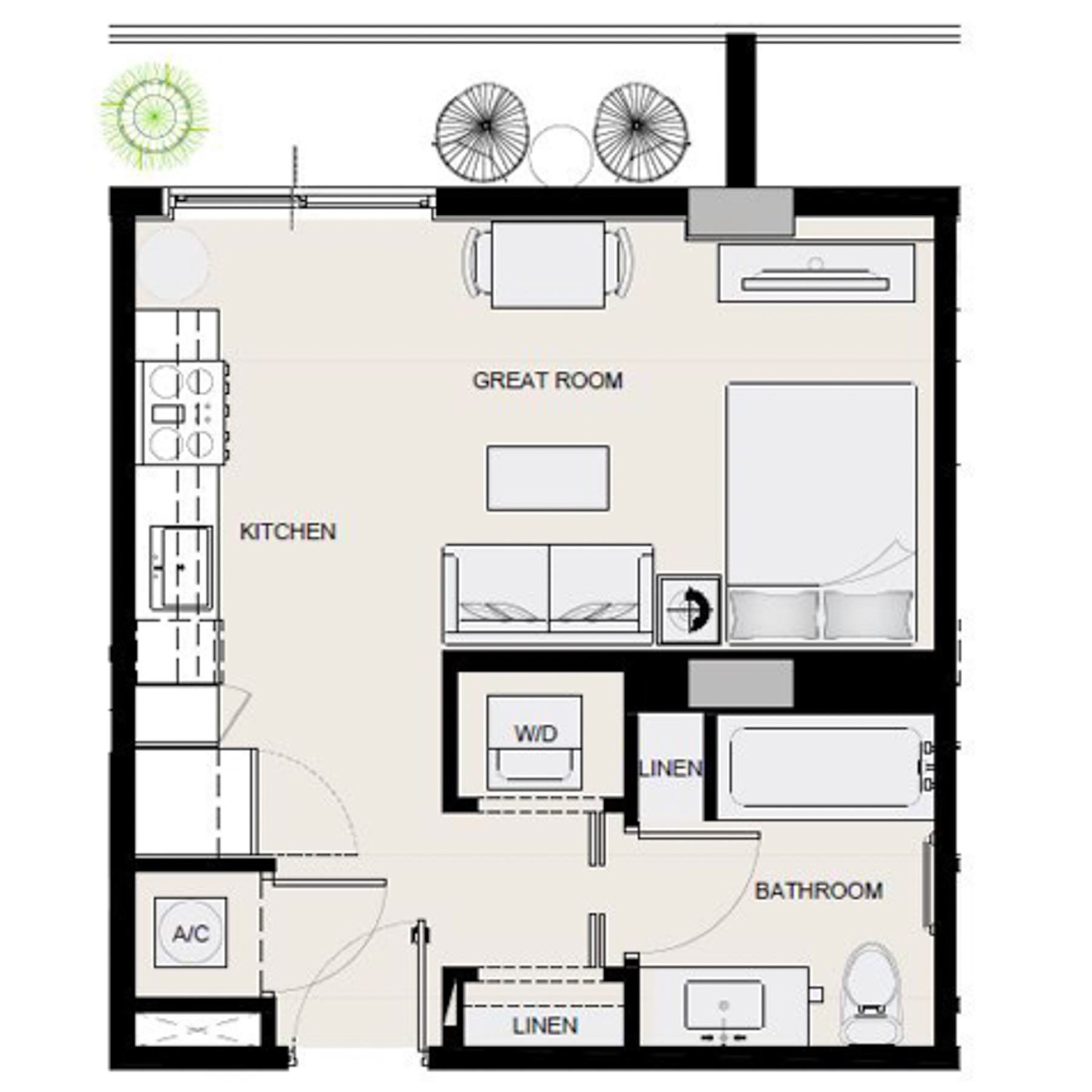 Rendering of the S3 floor plan with a Studio bedroom and 1 bathroom[s] at Arte Grand Central