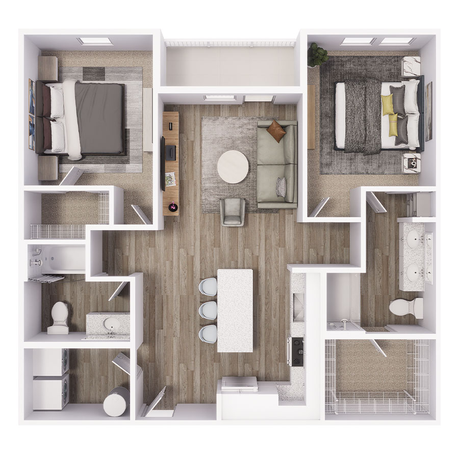 Rendering of the B2 floor plan with 2 bedroom[s] and 2 bathroom[s] at Avery Orlando