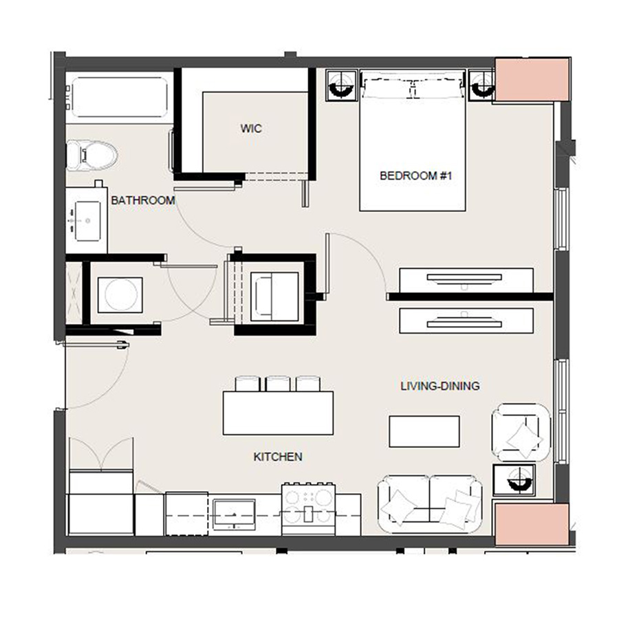 Rendering of the A2 - Affordable floor plan with 1 bedroom[s] and 1 bathroom[s] at Arte Grand Central