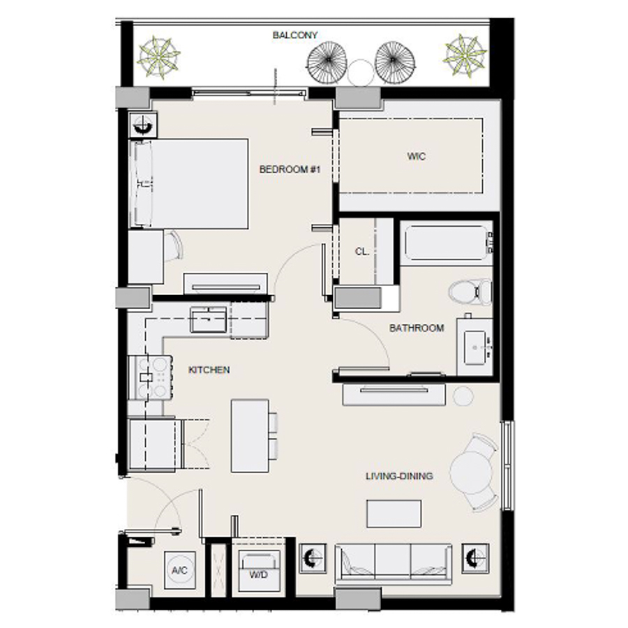 Rendering of the A9 floor plan with 1 bedroom[s] and 1 bathroom[s] at Arte Grand Central