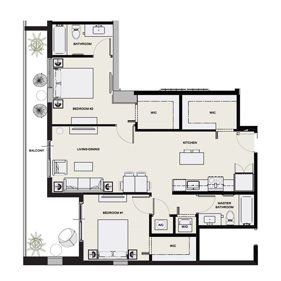 Rendering of the B9 floor plan with 2 bedroom[s] and 2 bathroom[s] at Arte Grand Central