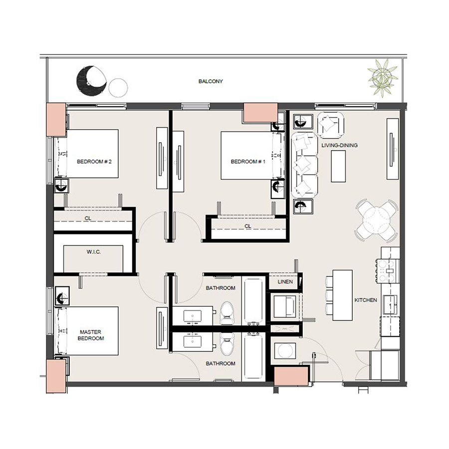 Rendering of the C2 floor plan with 3 bedroom[s] and 2 bathroom[s] at Arte Grand Central