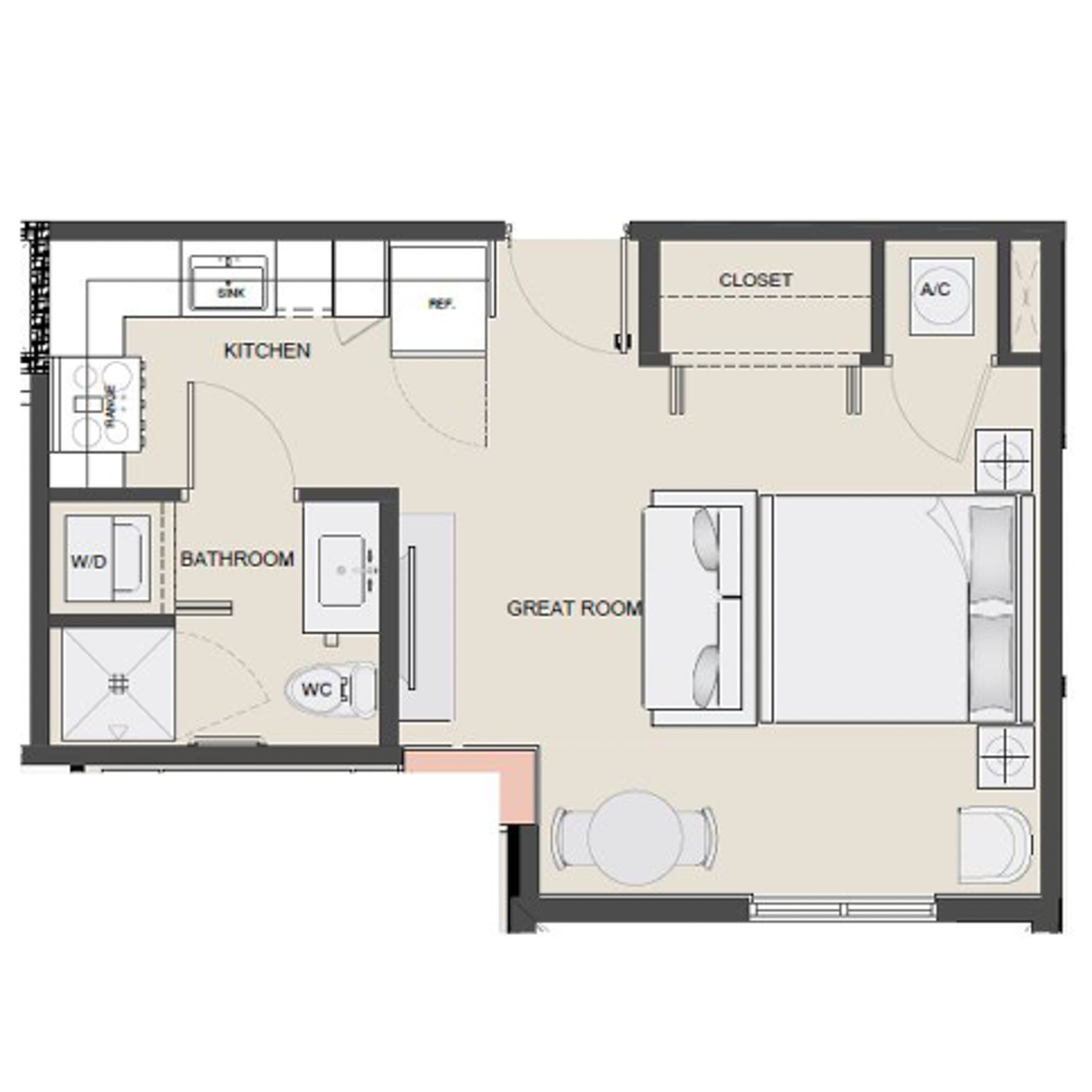 Rendering of the S8 floor plan with a Studio bedroom and 1 bathroom[s] at Arte Grand Central