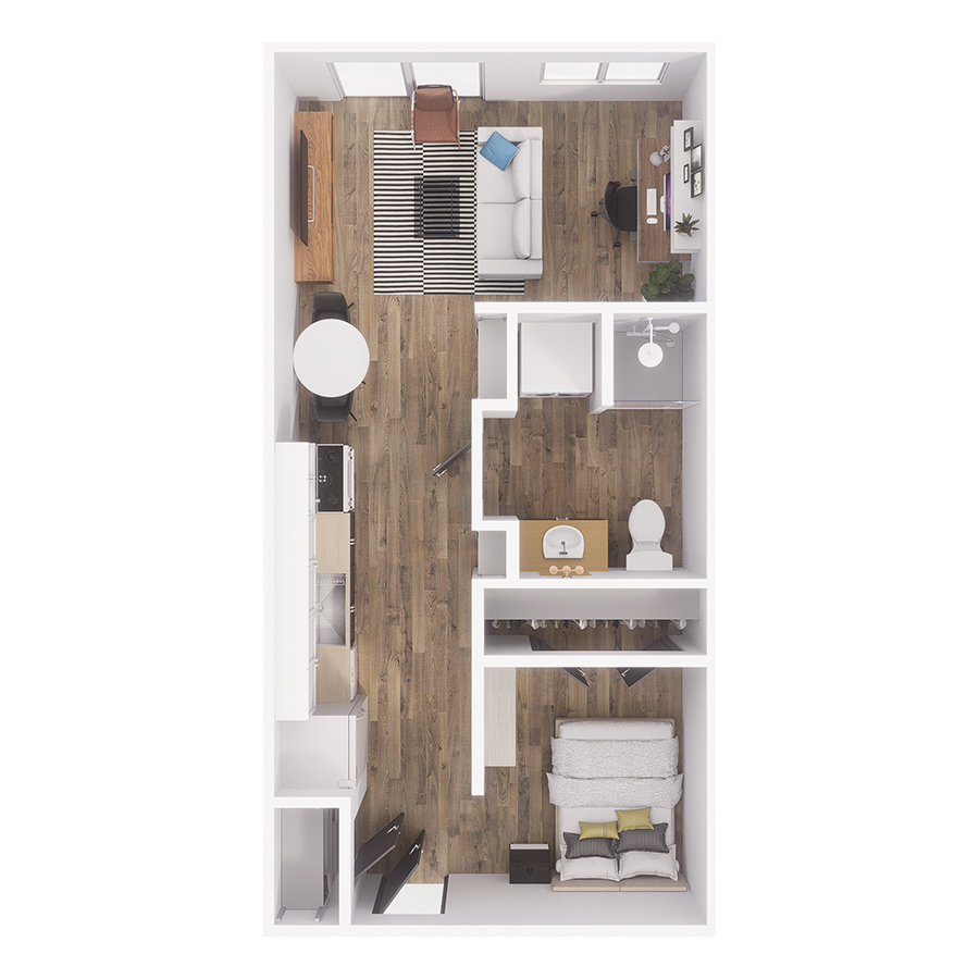 Rendering of the S1 floor plan with a Studio bedroom and 1 bathroom[s] at The Overland