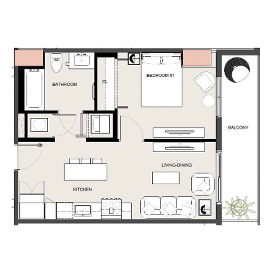 Rendering of the A1 floor plan with 1 bedroom[s] and 1 bathroom[s] at Arte Grand Central