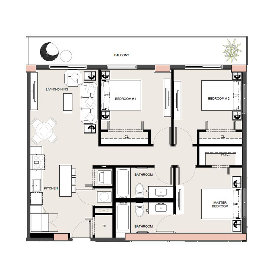 Rendering of the C1 floor plan with 3 bedroom[s] and 2 bathroom[s] at Arte Grand Central